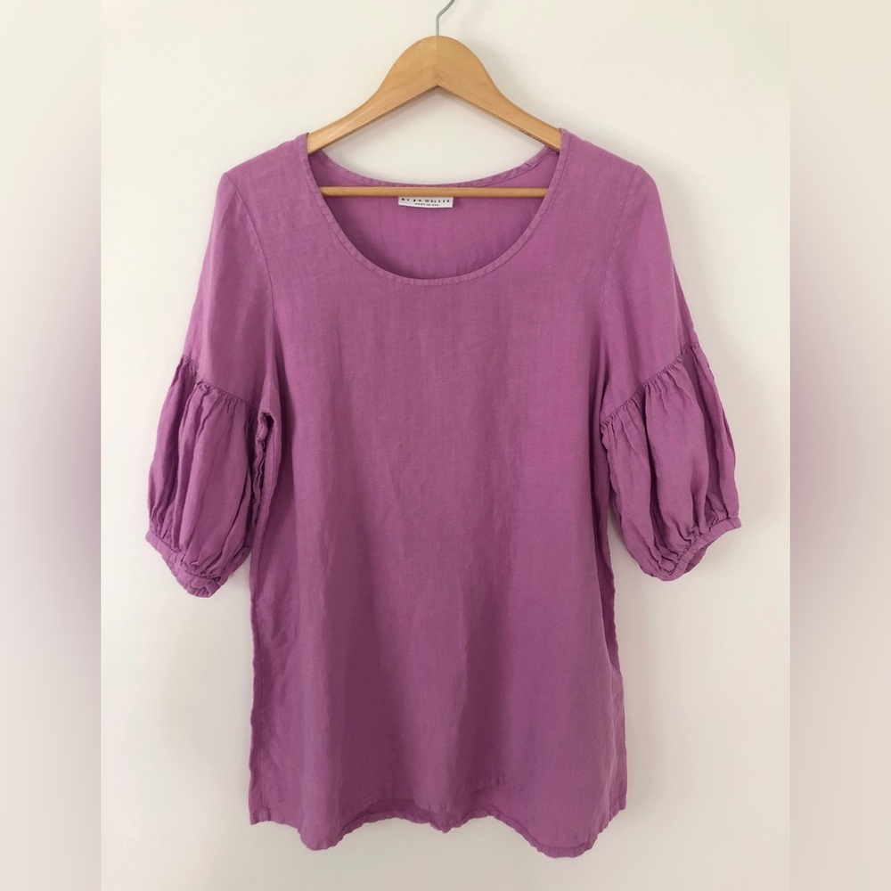 Bryn Walker Lagenlook Purple 100% Linen Ruffle Short Sleeve Tunic Top Size S USA